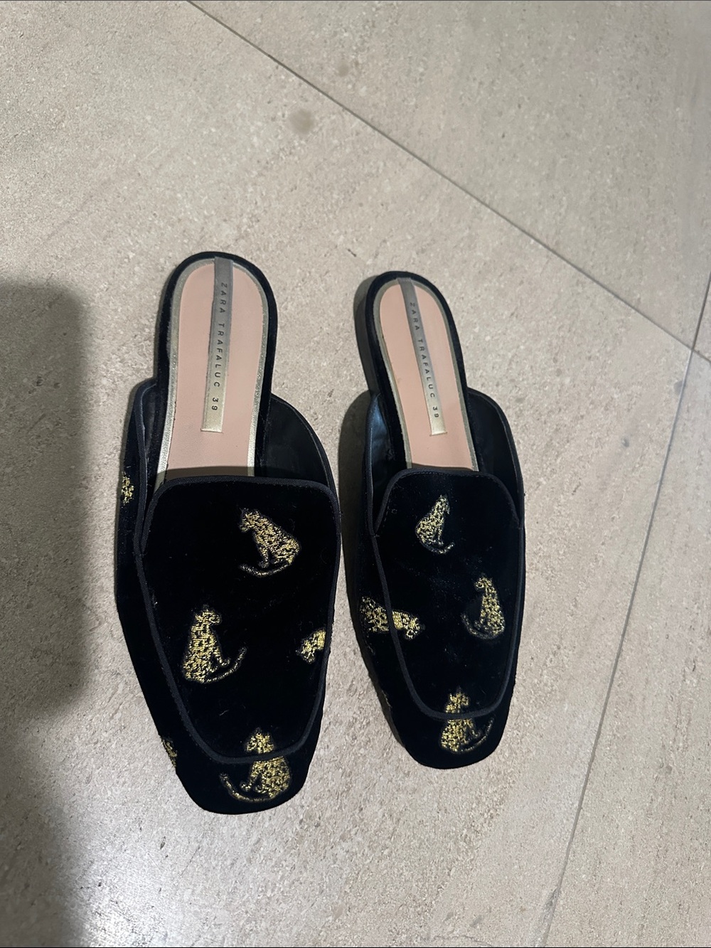 Zara Black Velvet Mule Loafers with Gold Embroidered Cats